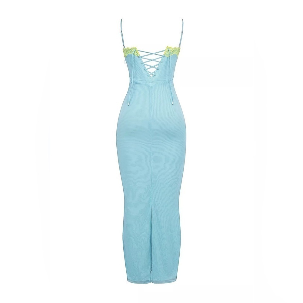 HOUSE OF CB 'Aiza' Ocean Blue Contrast Lace Maxi Dress - Picture 4 of 4